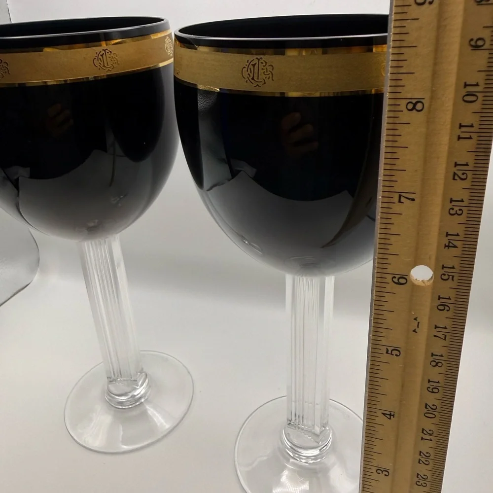 2 VTG Christian Dior Ebony Gold Encrusted Water Goblet Wine Crystal Jpn Stemware
